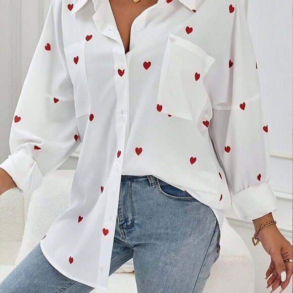 Tops - White Casual Women's Front Button Long Sleeve Pocket Heart All Over Print Shirt